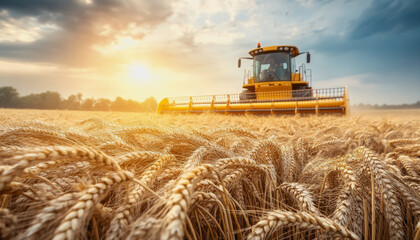 Fototapeta premium Wheat field at harvest with sunlight, golden stalks, and a distant harvester in the background