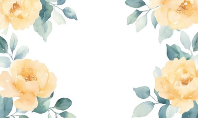 Rich watercolor yellow roses and green leaves on the outside, frame with text space in the center