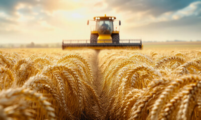 Fototapeta premium Wheat field at harvest with sunlight, golden stalks, and a distant harvester in the background