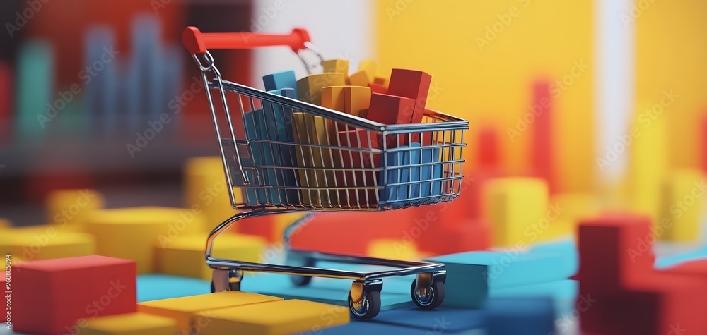 Poster a vibrant shopping cart filled with colorful blocks, symbolizing play and creativity in a dynamic ma