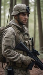 Fototapeta premium Portrait of a Modern Soldier in Uniform and Gear