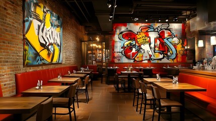 A modern, urban restaurant interior with graffiti art on the walls, exposed brick, and a mix of high-top tables and booths