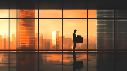 Fototapeta premium Icon figure, silhouetted against a large office window, holding a box of belongings, soft evening light casting long shadows, muted earth tones with soft gradients, minimalist design, the city