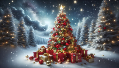 A beautifully decorated christmas tree adorned with red and gold ornaments and topped with a bright star stands in a snowy landscape