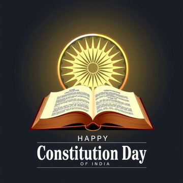 Glowing illustration for Constitution Day with an open book and Ashoka Chakra, representing India's commitment to justice and equality