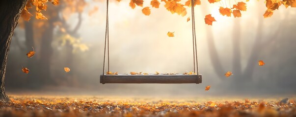Autumn Swing Set in Golden Forest with Falling Leaves