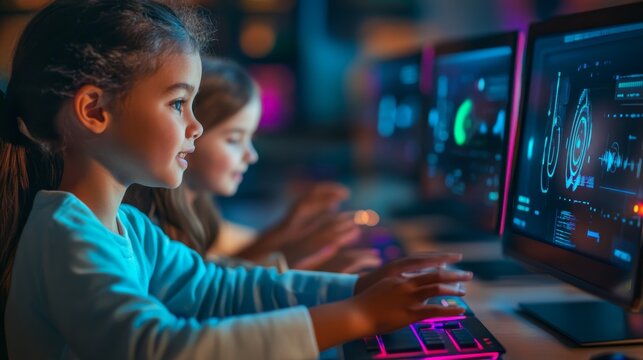 Children using computer in online education setting, modern digital interface with animated learning tools, e-leaning concept.