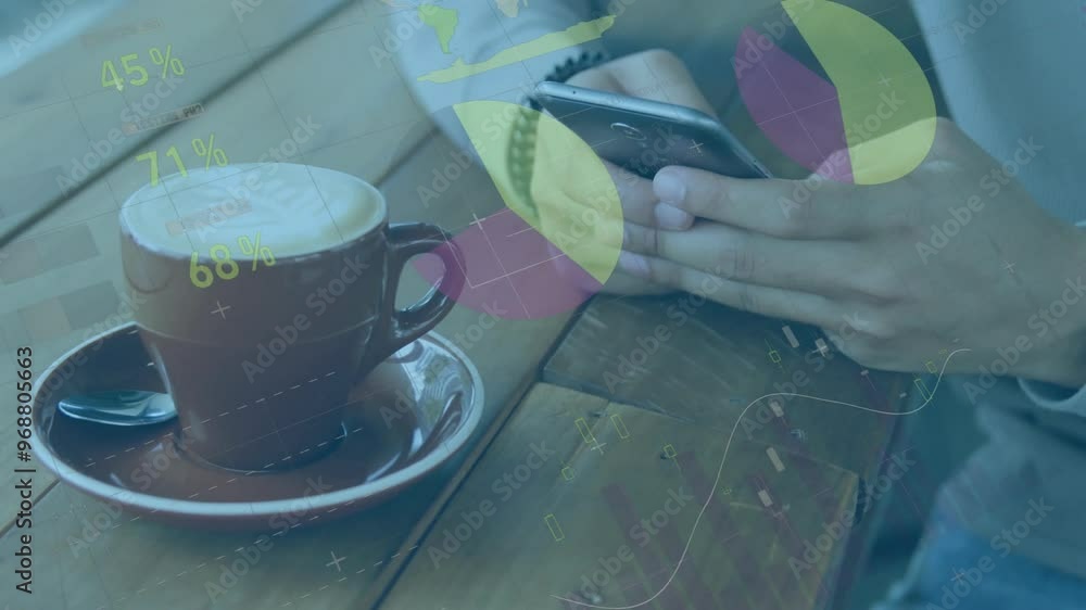Poster animation of digital data processing over caucasian man using smartphone