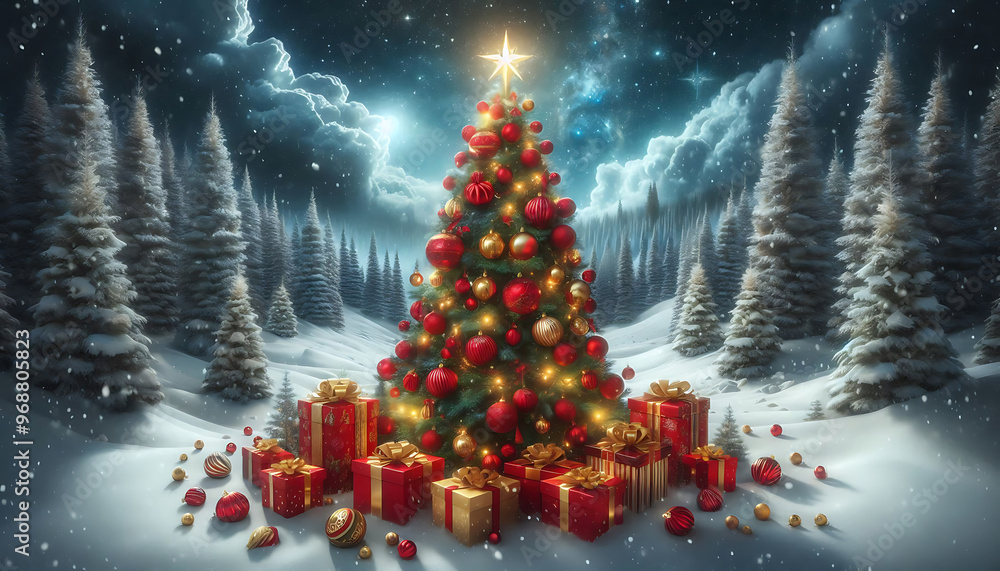 Wall mural A beautifully decorated christmas tree adorned with red and gold ornaments and topped with a bright star stands in a snowy landscape