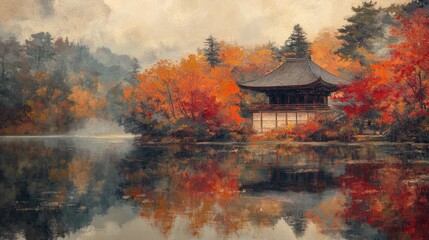 Obraz premium Autumnal Landscape with a Pagoda by a Lake