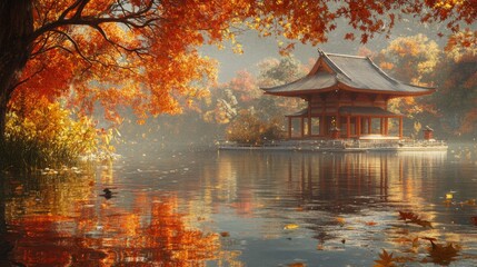 Obraz premium A Serene Autumn Scene with a Pagoda on an Island Lake