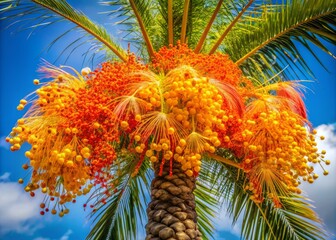 Delicate palm tree blooms in vibrant yellow, orange, and red hues, intricate stamens forming a delicate bouquet against a soft blue sky