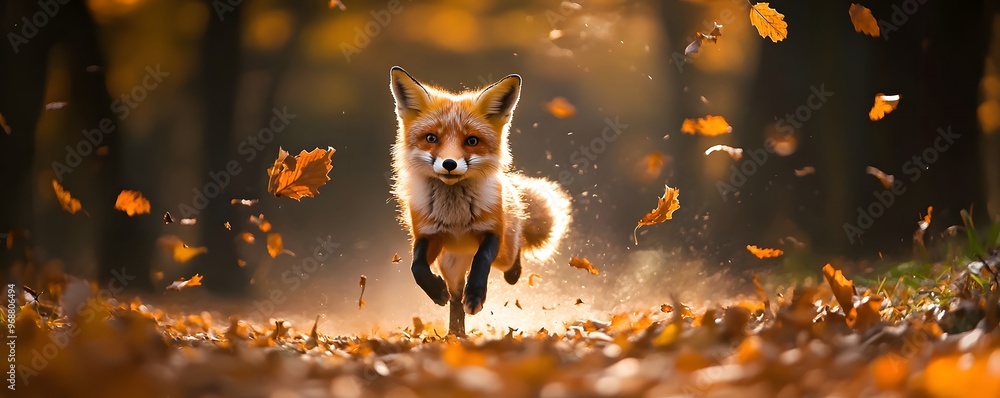 Sticker red fox running through autumn leaves