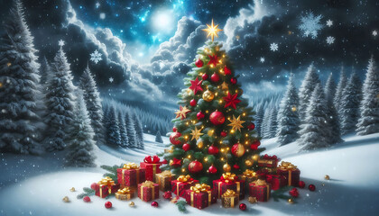 Obraz premium A beautifully decorated christmas tree adorned with red and gold ornaments and topped with a bright star stands in a snowy landscape
