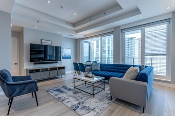 Fototapeta premium Modern apartment living room with sleek gray and white walls, blue sofa and armchair, and elegant dining table. Large windows with blinds, flat-screen TV above coffee bar
