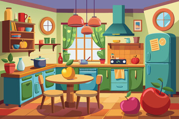 illustration of a kitchen. interior of a cozy kitchen with furniture and apple vector illustration 