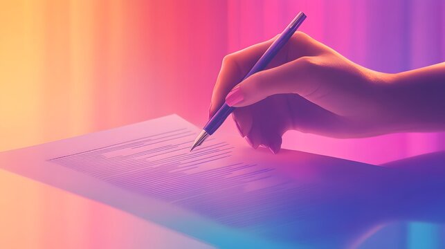 Illustration of a hand holding a pen over a legal document with transgender pride colors, modern design, soft ambient light, detailed textures, mood of importance and empowerment, subtle background