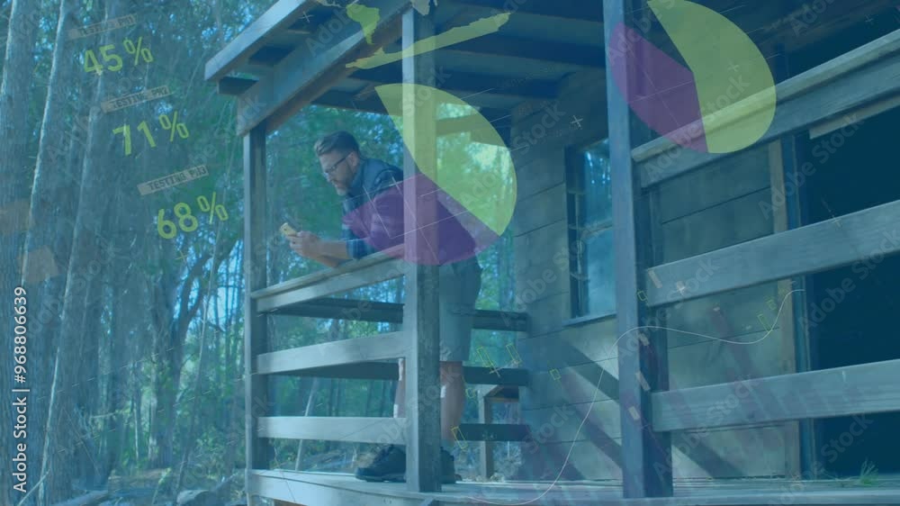 Poster animation of digital data processing over caucasian man using smartphone