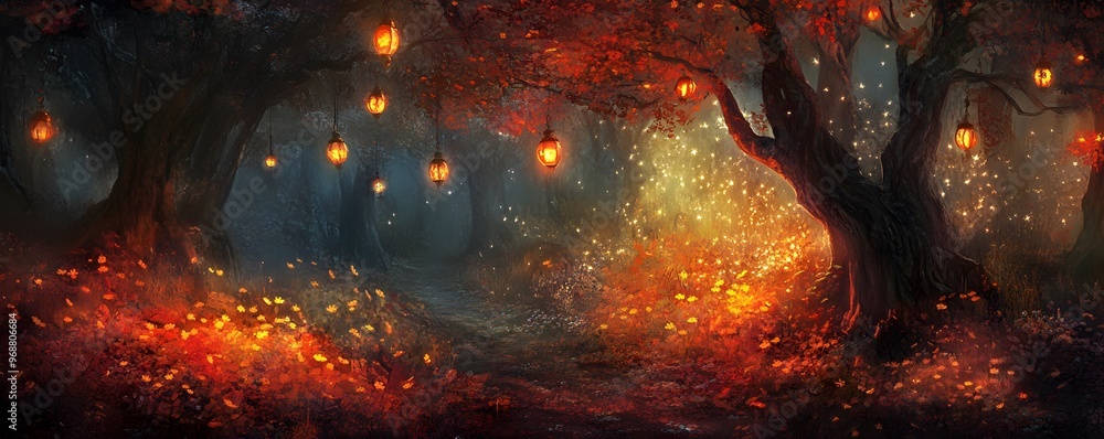 Poster enchanting autumn forest path with glowing lanterns