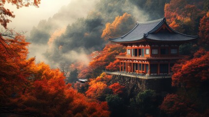 Naklejka premium Traditional Japanese Temple Perched on a Mountainside Amidst Vibrant Autumn Foliage and Misty Atmosphere