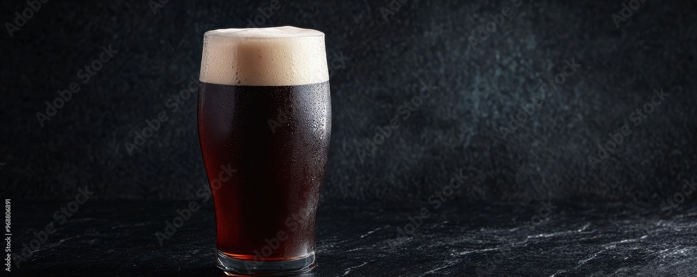Poster a pint of rich dark stout with a thick frothy head on a rustic textured surface in a dimly lit setti