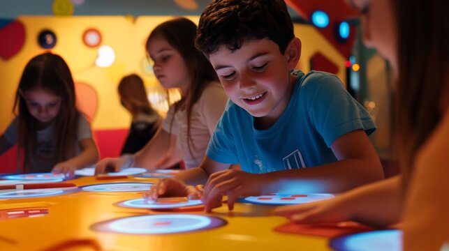 Children using language learning tools online, engaging with digital resources to enhance their skills, e-leaning concept.