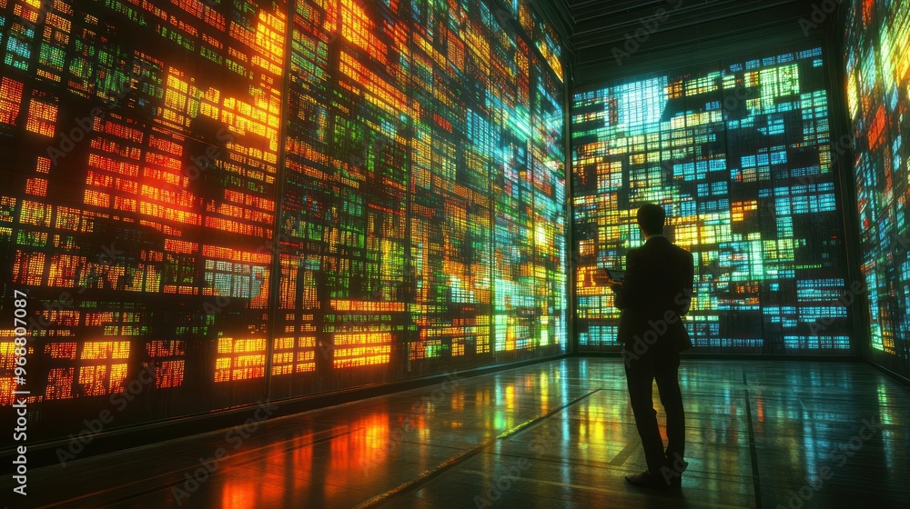 Aufkleber a lone figure stands in a room illuminated by colorful glowing squares