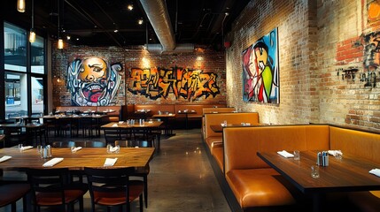 A modern, urban restaurant interior with graffiti art on the walls, exposed brick, and a mix of high-top tables and booths