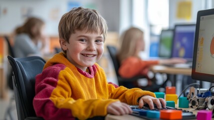 Child with learning disabilities using computer, supportive digital enhancing the learning process. e-leaning concept.