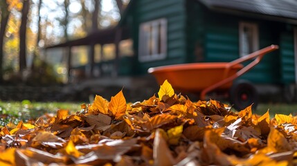 Autumn Leaves and Wheelbarrow in the Yard