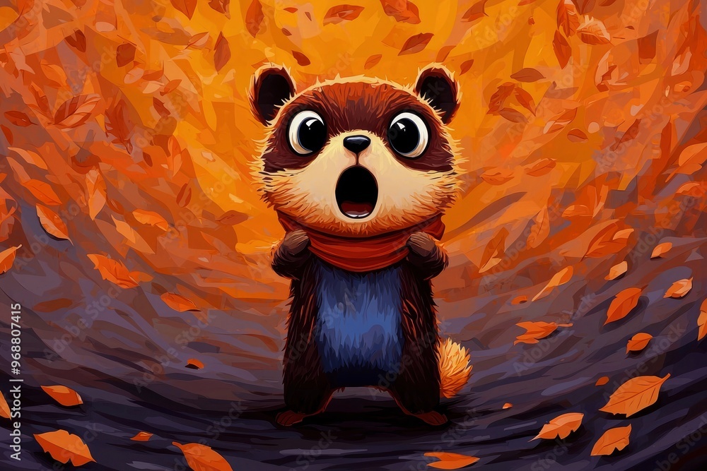 Wall mural cute cartoon raccoon with big eyes and open mouth surprised by autumn leaves