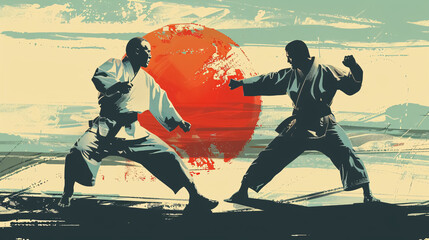 Two martial arts masters practicing karate. Sports banner.