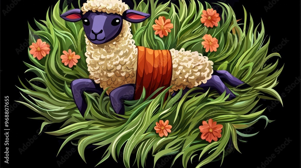 Poster Cute Cartoon Sheep in a Field of Flowers