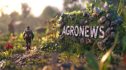 Farmer Observing Moss-Covered Agro News Stone Sign in Forest