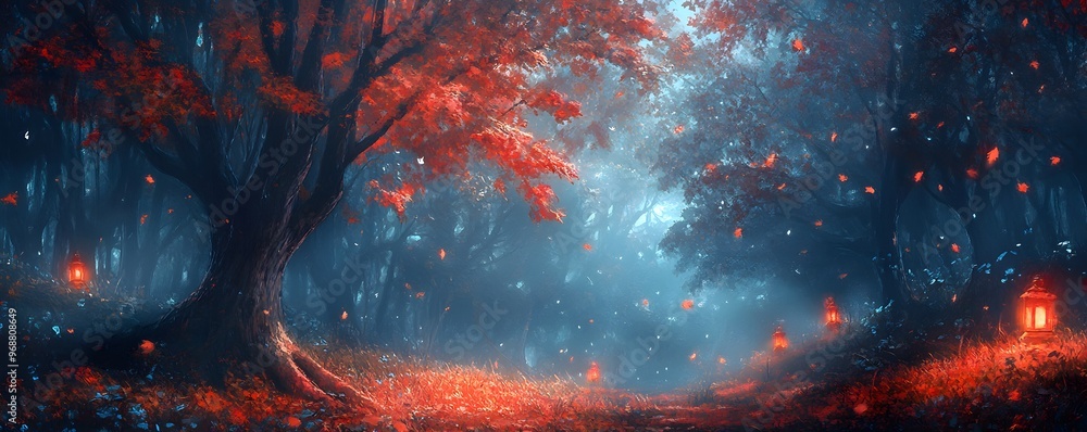 Poster Enchanted Forest Path with Red Lanterns
