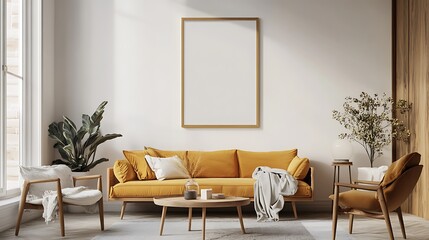 white sofa in a room with a frame