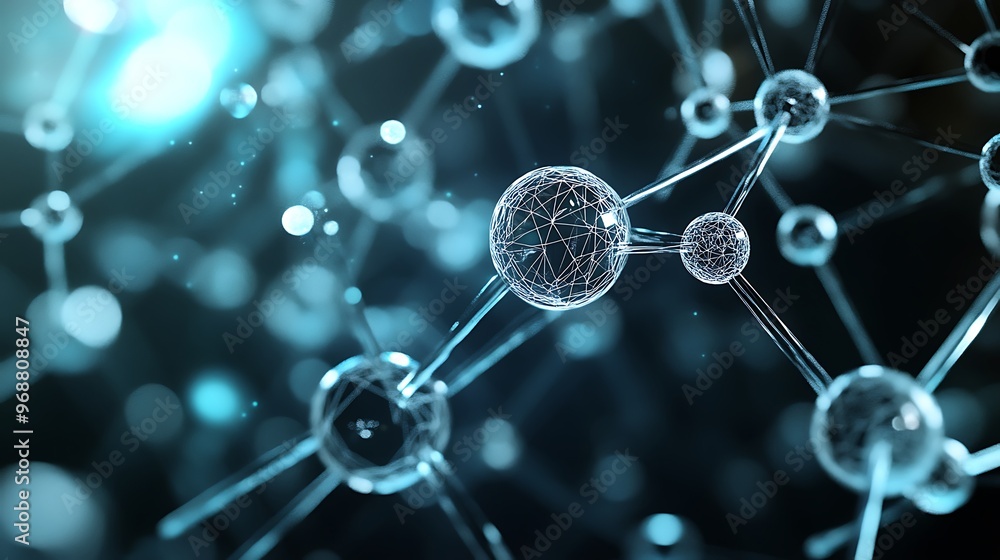 Poster abstract molecular structure with blue glow and connected spheres