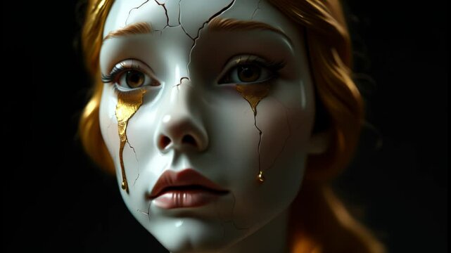 Closeup of a cracked porcelain woman, sad face, kintsugi - Concept for pain and healing process