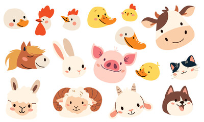 Set of flat vector illustration on white background. The muzzles of the farm's pets. Cow pig lamb sheep sheep horse dog dog cat goose goose duck hen rooster goat. Vector illustration