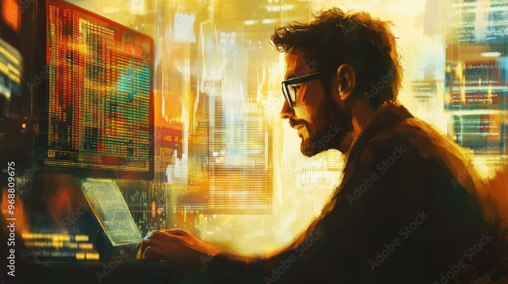Aufkleber a man working on a computer in a digital cityscape