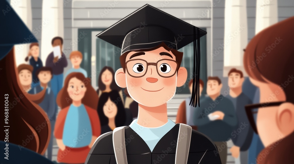 Poster A cartoon of a graduate in cap and gown standing next to other graduates, AI