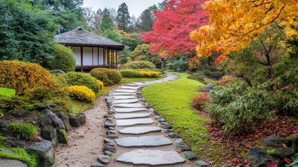 Stone Pathway Through Autumnal Japanese Garden with Traditional Structure