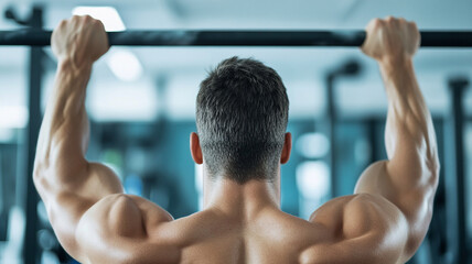 Naklejka premium Intense close up of persons back as they pull up on bar, showcasing muscular definition and strength in gym setting. focus is on effort and determination involved in exercise