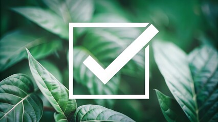 a v check mark in the square box with green leaves background