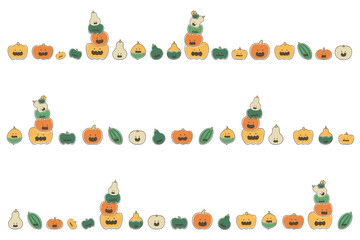 横に並んだハロウィン用カボチャのゆるいイラスト(セット)
