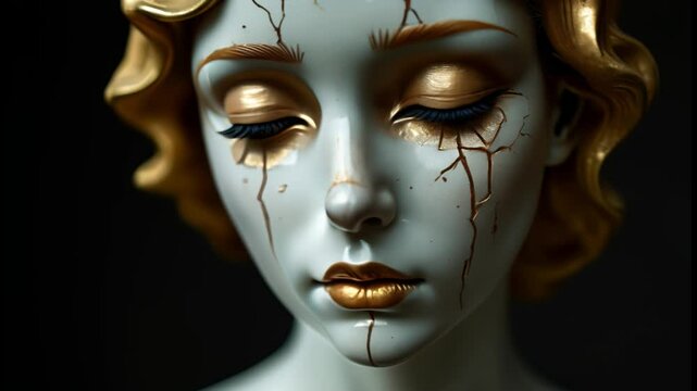 Closeup of a cracked porcelain woman, sad face, kintsugi - Concept for pain and healing process