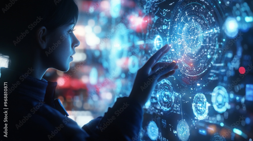 Poster a futuristic individual interacts with an advanced holographic display in a high-tech environment at