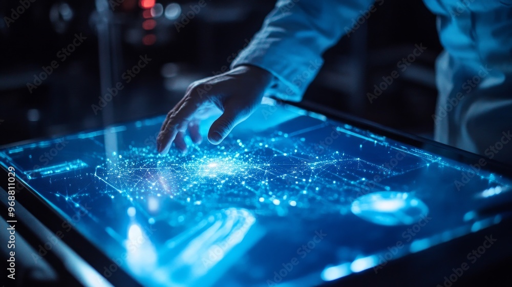 Poster a scientist interacts with a holographic interface in a modern laboratory