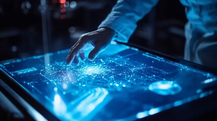 A scientist interacts with a holographic interface in a modern laboratory