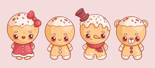 Christmas gingerbread man collection. Cute figurines cookie romantic man and girl, snowman and bear with drops of glaze. Isolated traditional holiday sweet kawaii characters. Vector illustration